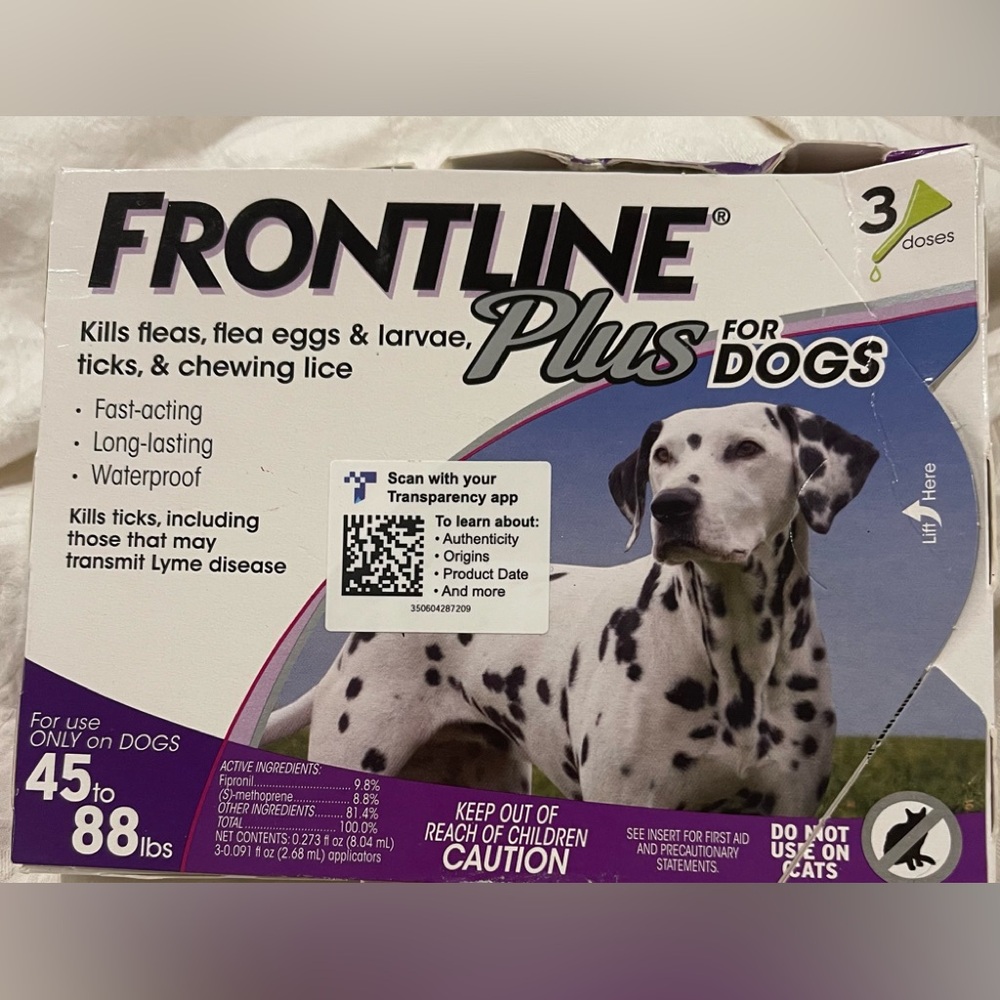 New FRONTLINE PLUS flea & tick treatment dogs 45 to 88 LBS. Epa approved 3 doses
